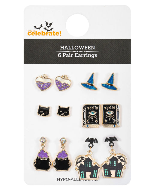 Load image into Gallery viewer, Halloween Motif Earrings, Multicolored, Goldtone, 6 Pairs, Female