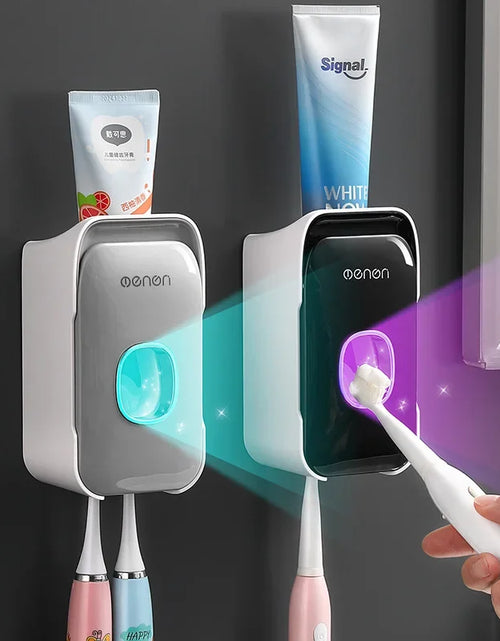 Load image into Gallery viewer, Automatic Toothpaste Dispenser Squeezer with Toothbrush Holder Wall Mounted Bathroom Accessories Sets