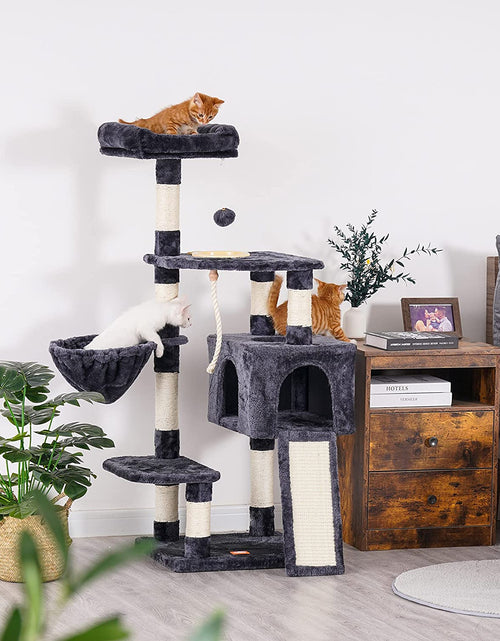 Load image into Gallery viewer, Cat Tree, Cat Tower for Indoor Cats with Scratching Board, Multi-Level Cat Furniture Condo with Feeding Bowl Smoky Gray HCT010G