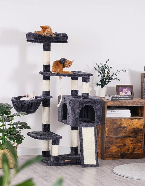 Load image into Gallery viewer, Cat Tree, Cat Tower for Indoor Cats with Scratching Board, Multi-Level Cat Furniture Condo with Feeding Bowl Smoky Gray HCT010G
