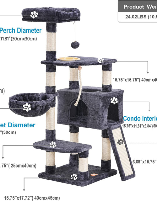 Load image into Gallery viewer, Cat Tree, Cat Tower for Indoor Cats with Scratching Board, Multi-Level Cat Furniture Condo with Feeding Bowl Smoky Gray HCT010G
