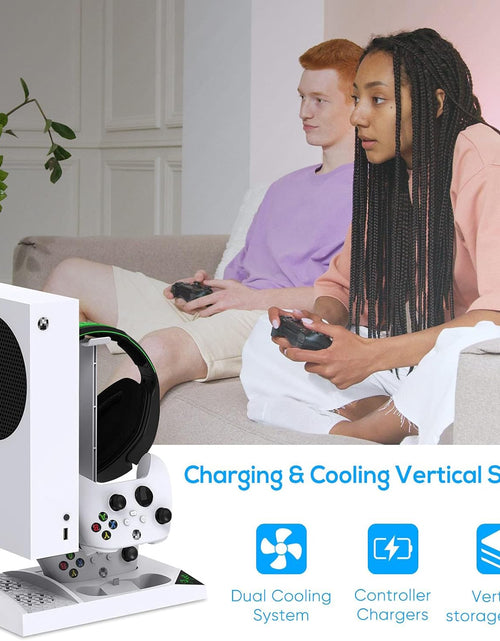 Load image into Gallery viewer, Charger Stand with Cooling Fan for Xbox Series S Console and Controller,Vertical Dual Charging Dock Accessories with 2 X 1400Mah Rechargeable Battery and Cover, Earphone Bracket for XSS