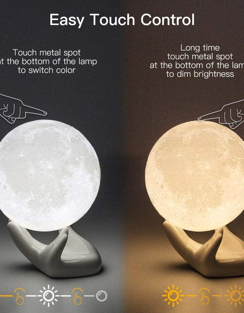 Load image into Gallery viewer, Moon Lamp, 3.5 Inch 3D Printing Lunar Lamp Night Light with White Hand Stand as Kids Women Girls Boy Birthday Gift, USB Charging Touch Control Brightness Two Tone Warm Cool White