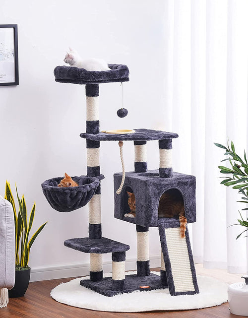 Load image into Gallery viewer, Cat Tree, Cat Tower for Indoor Cats with Scratching Board, Multi-Level Cat Furniture Condo with Feeding Bowl Smoky Gray HCT010G