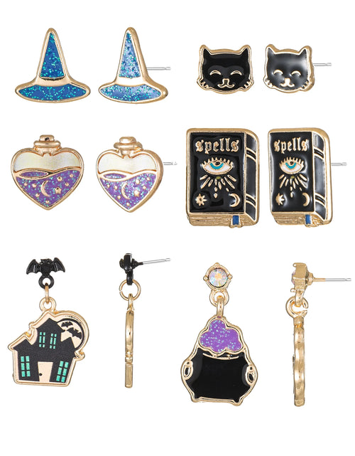 Load image into Gallery viewer, Halloween Motif Earrings, Multicolored, Goldtone, 6 Pairs, Female