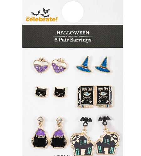 Halloween Motif Earrings, Multicolored, Goldtone, 6 Pairs, Female