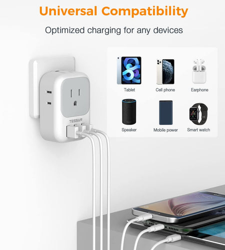 Multi Plug Outlet Extender with USB,  Electrical 4 Box Splitter 3 USB Wall Charger, Multiple Charging Station for Cruise, Travel, Office, Dorm Essentials