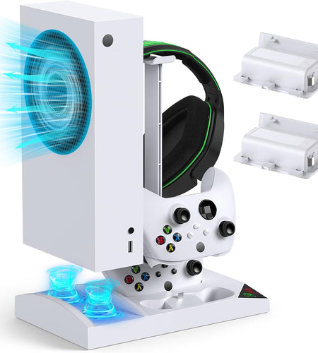 Charger Stand with Cooling Fan for Xbox Series S Console and Controller,Vertical Dual Charging Dock Accessories with 2 X 1400Mah Rechargeable Battery and Cover, Earphone Bracket for XSS