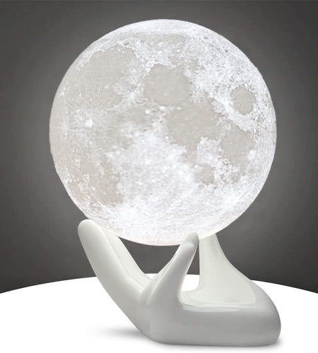 Moon Lamp, 3.5 Inch 3D Printing Lunar Lamp Night Light with White Hand Stand as Kids Women Girls Boy Birthday Gift, USB Charging Touch Control Brightness Two Tone Warm Cool White