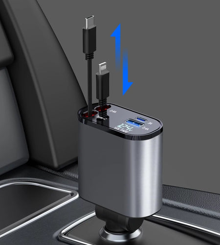 4 in 1 Retractable Car Charger, 100W Fast Car Phone Charger with Iphone and Type C Cable and 2 Charging Ports Car Charger Adapter