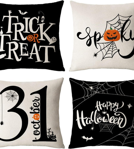 Halloween Pillow Covers 18X18 Set of 4 Trick or Treat Decorative Throw Pillows Cover Black Spider Webs Pillow Cases Home Outdoor Sofa Couch Cushion Covers for Halloween Decor (18 by 18)