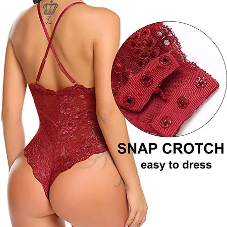 Lace Bodysuit for Women Lingerie Sexy Snap Crotch Teddy One Piece Lace Babydoll(Brown,S)