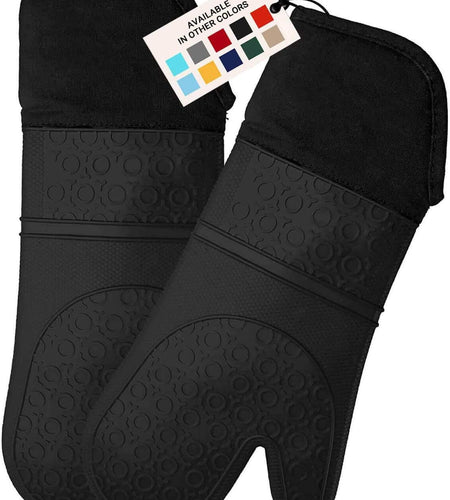 Extra Long Professional Silicone Oven Mitt, Oven Mitts with Quilted Liner, Heat Resistant Pot Holders, Flexible Oven Gloves, Black, 1 Pair, 14.7 Inch